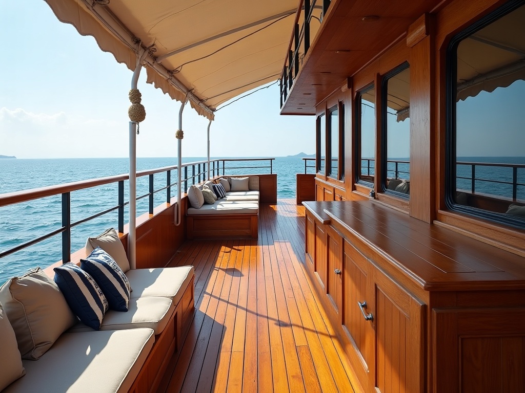 Empty teak phinisi deck prepared for a private whole-boat charter