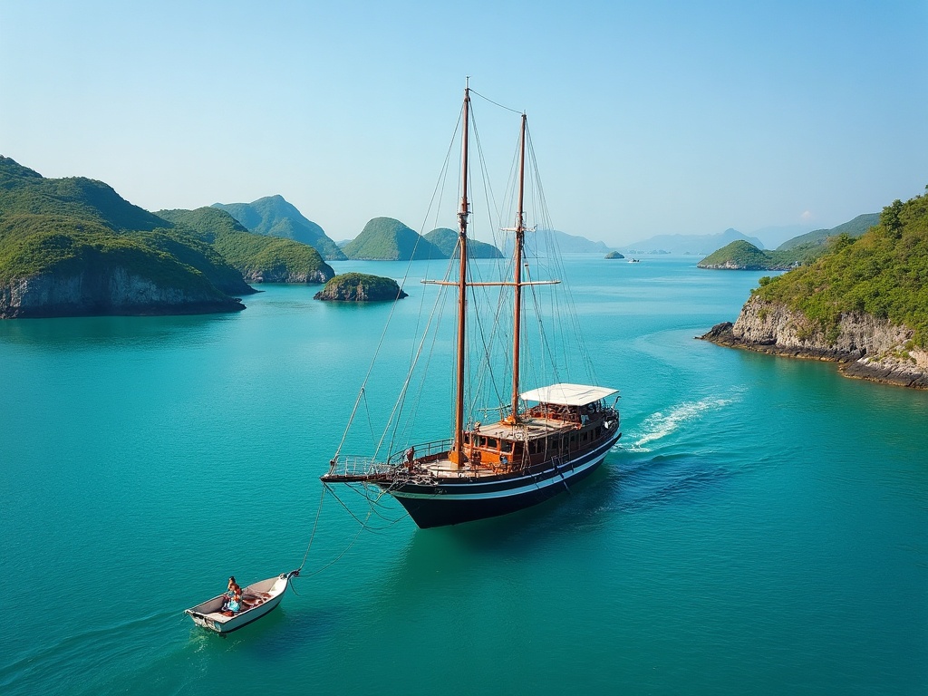 Charter phinisi anchored in turquoise water among Komodo National Park islands