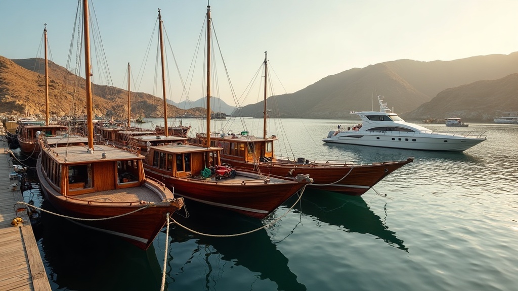 Wooden phinisi charter boats moored at Labuan Bajo harbor at dawn